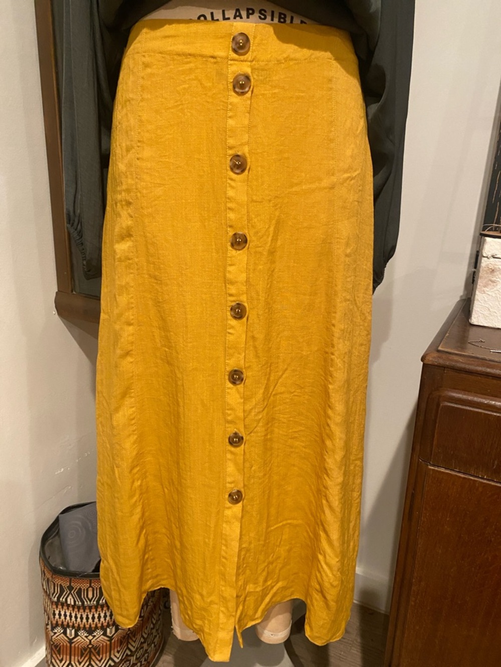 Button-Front Mustard Midi Skirt